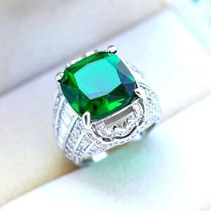 Green Emerald & White Baguette  Diamond Ring 14K Gold on 925 Silver Women's